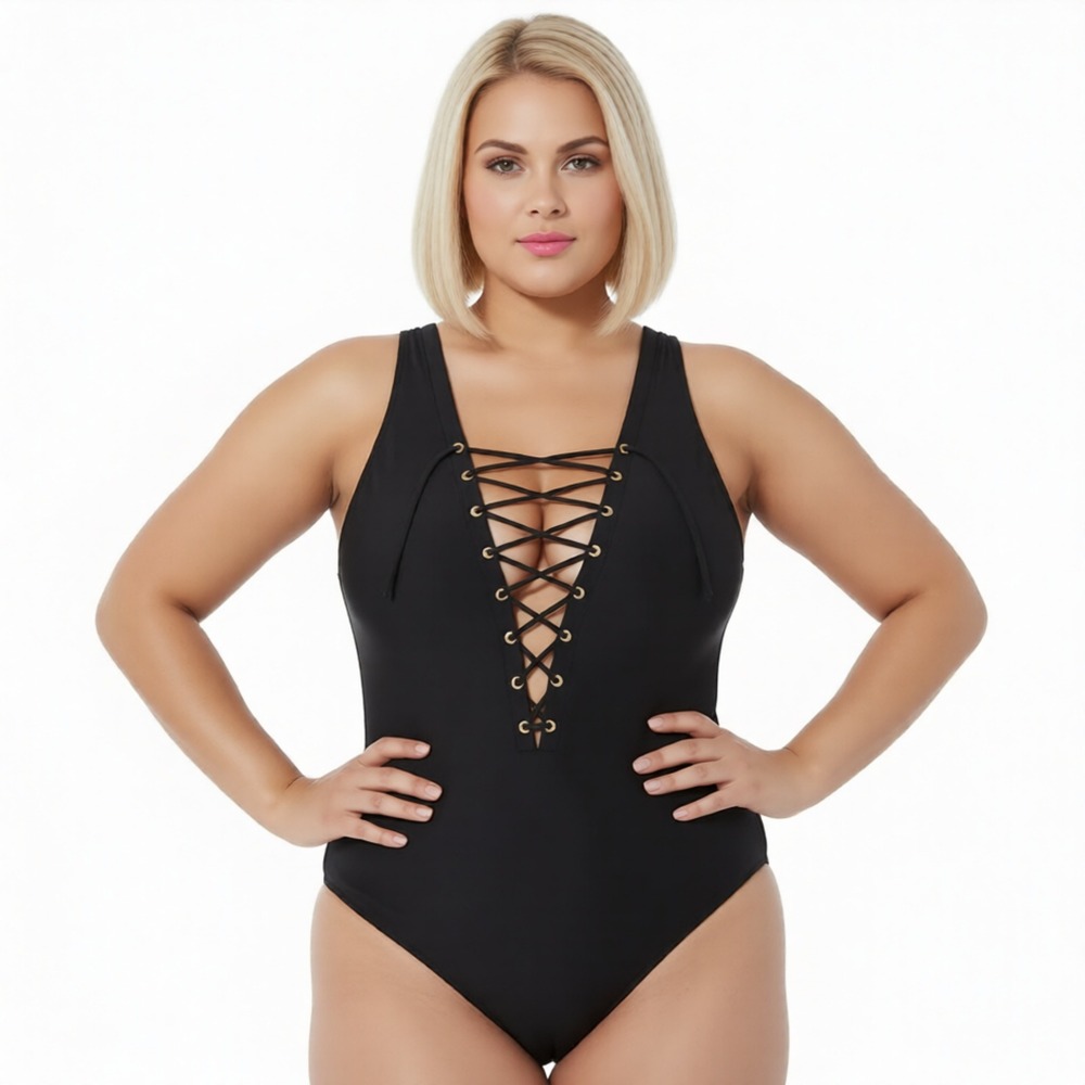 Love My Curves Black Lace Up Front One Piece Swimsuit Style 333 Size 14/0X NEW